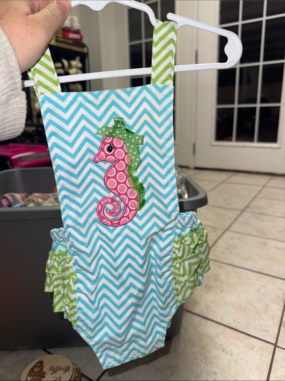 Turquoise Chevron Seahorse Ruffle Baby Romper